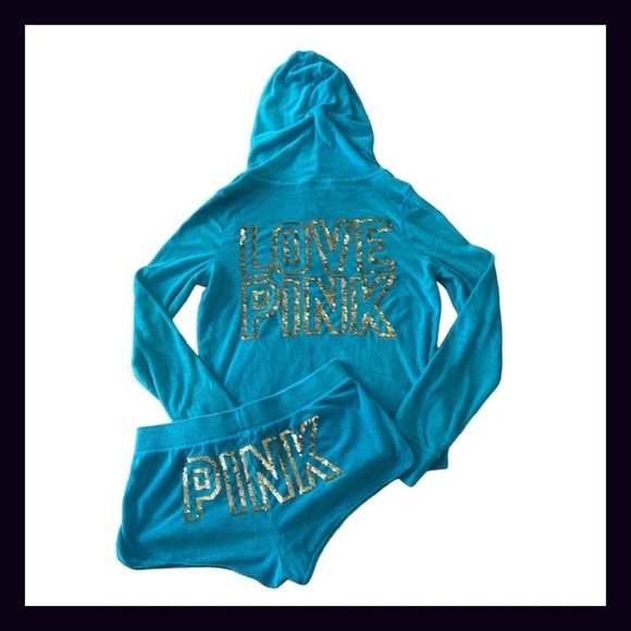 Vintage PINK Turquoise Terry Gold Bling Sequin Matching Set Size Small - Picture 2 of 12